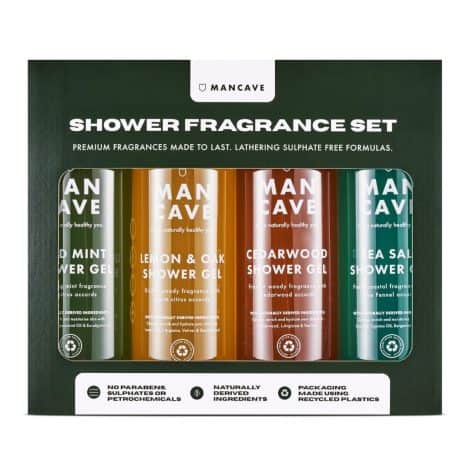 ManCave’s Deluxe Shower Gel Collection, includes refreshing and natural scents like Wild Mint and Lemon & Oak. Vegan-friendly.