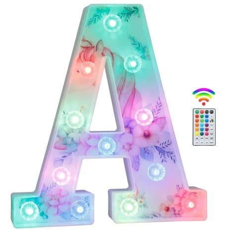 Unicorn illuminated letters with 18 color-changing diamond alphabet signs, perfect for girls’ and women’s parties.