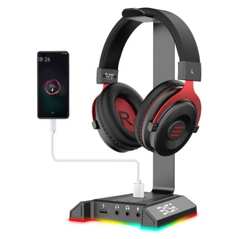 W1 RGB Gaming Headset Stand – Premium aluminum stand for gamer headphones, featuring 7.1 Surround Sound, aux and USB ports.