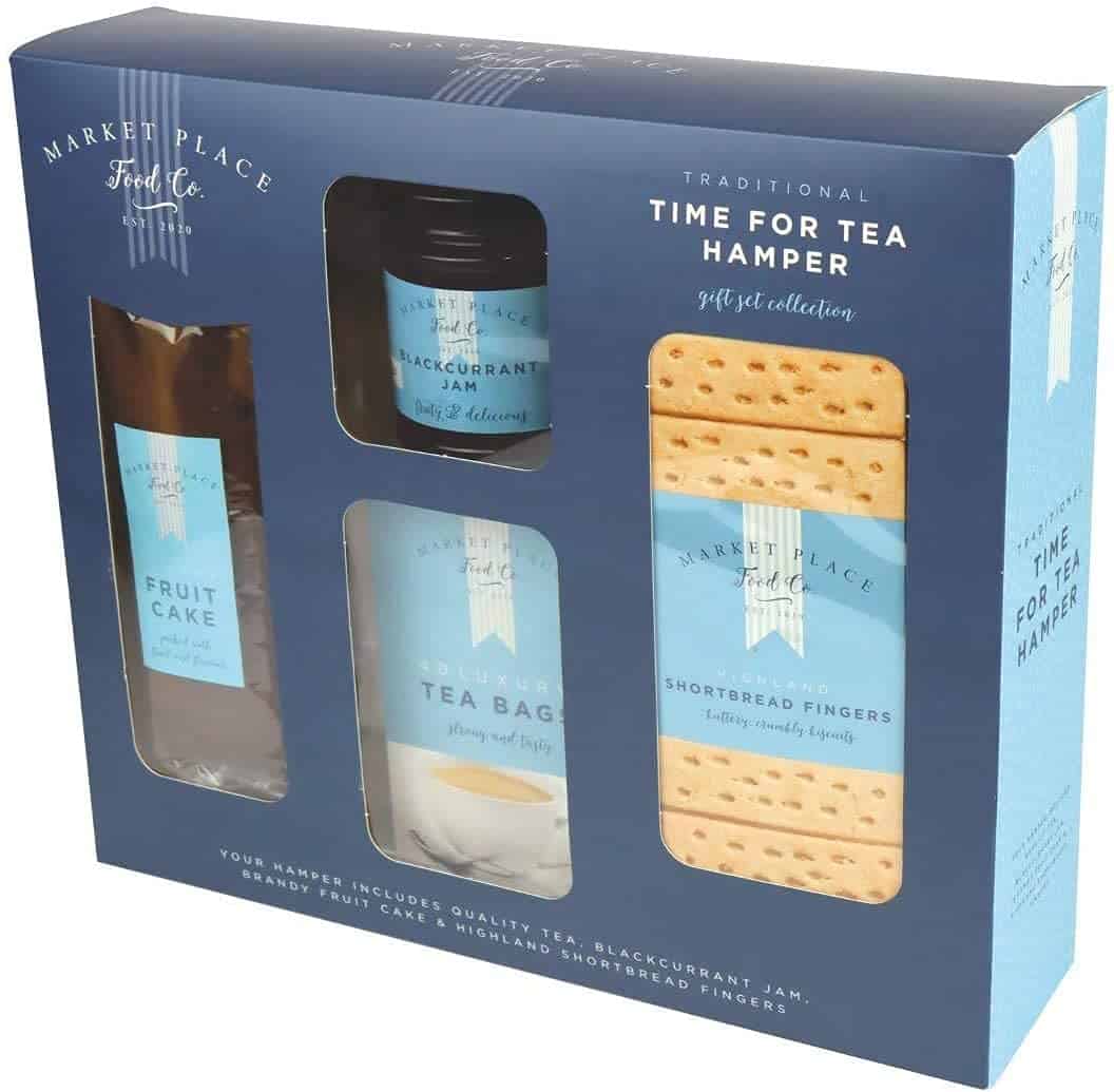 Tea Hamper - Tea Time Hamper with a selection of 1 x (40pk) Tea bag selection, 1 x shortbread fingers, 1 x Brandy Fruit Cake and Jam– Tea and Biscuit Hamper with fruit cake