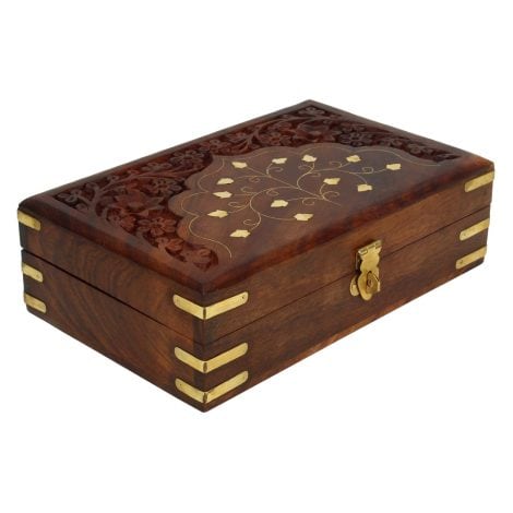 Ajuny Vintage Wooden Jewellery Box with Brass Inlay – Handcrafted Multipurpose Storage Travel Case – 8×5.