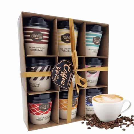 Coffee Gift Set for Her, perfect for on-the-go, featuring Irish Cream, Caramel, Vanilla, and more flavors.