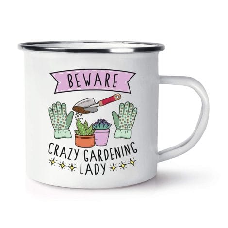 Cautionary Retro Enamel Cup – Beware Crazy Gardening Lady, ideal for gifting. (12 words)