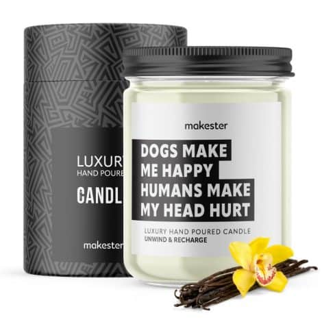 Makester’s Funny Candles: Dog Lovers’ Delight – 220g Soy Wax with Exotic Vanilla, Floral Jasmine, and Sweet Almond Fragrance.