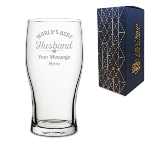 Custom-engraved pint glass with “World’s Best Husband” design, presented in a gift box. Customize for Valentines or anniversaries.