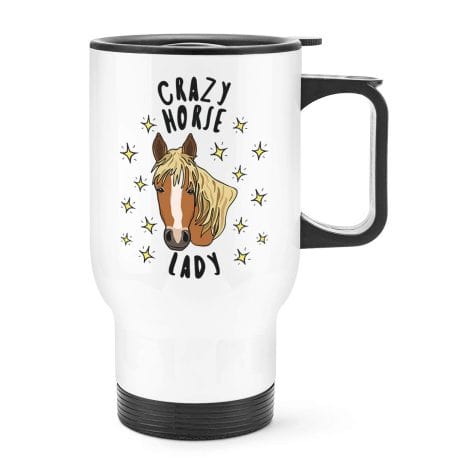 Travel mug cup with handle featuring a design for avid horse lovers, ideal for gifting.