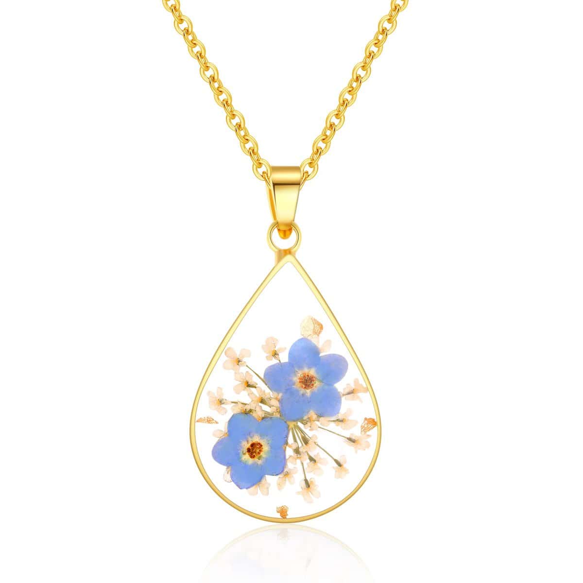 WESIHOO Forget-Me-Not and Queen Anne's Lace Pressed Wildflower Necklace | Teardrop Pendant Necklace | Gold Pressed Flower Necklace | Handmade Necklaces Gift For Women | Alaska State Flower Necklace | 18”