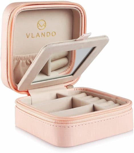 Pink Vlando Jewellery Box: Compact faux leather case with mirror for storing rings, earrings, and bracelets. Perfect gift for women and girls.