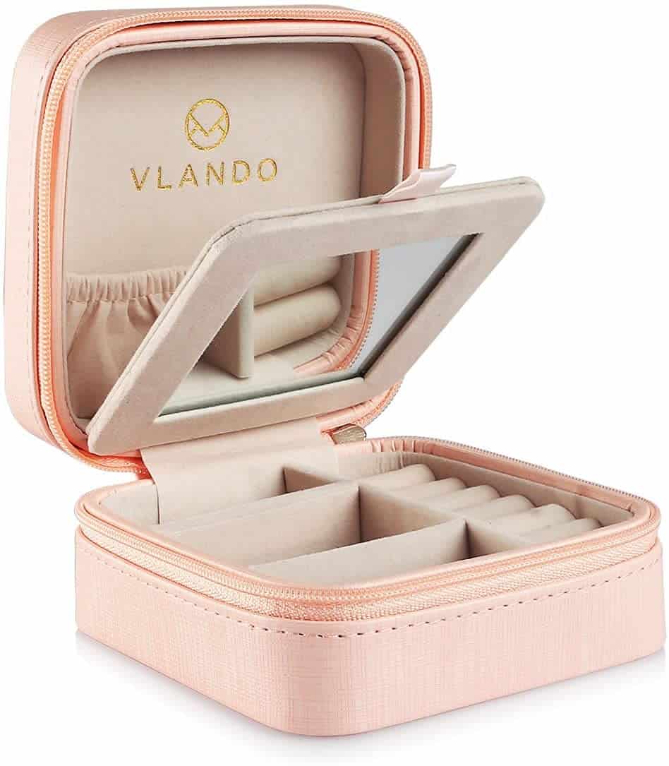 Vlando Small Faux Leather Travel Jewellery Box Organizer Display Storage Case for Rings Earrings Necklace With Mirror for Bracelets, Earrings, Rings Gift for Girls, Women, Mother, Daughter (Pink)