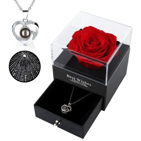 Eternal Red Rose Gift Box with Necklace – Ideal Valentine’s, Birthday or Anniversary Present for Her.