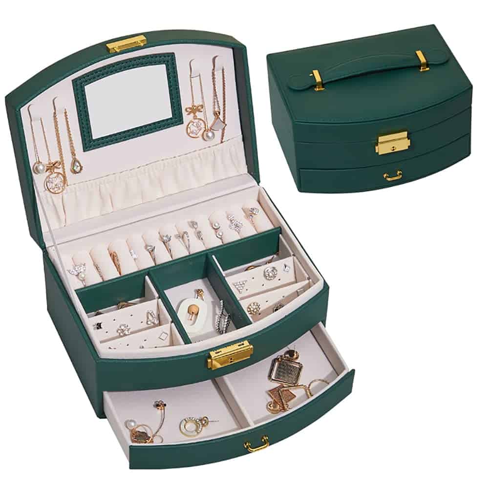 FANDOL Jewelry Box,Portable Travel Jewelry Box with Lockable Earrings Necklaces Bracelets Storage Box Gifts for Girls and Ladies (Dark Green)