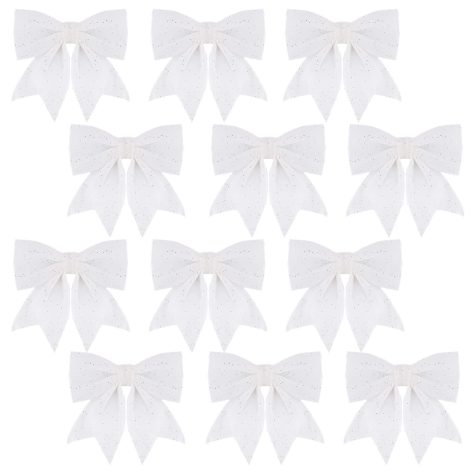 12 white Christmas bows for decorating your tree and wreaths with a sparkling touch of glamour.