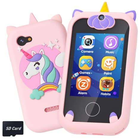 Children’s unicorn-themed phone with dual cameras, music player, and educational features. Perfect gift for ages 3-8.