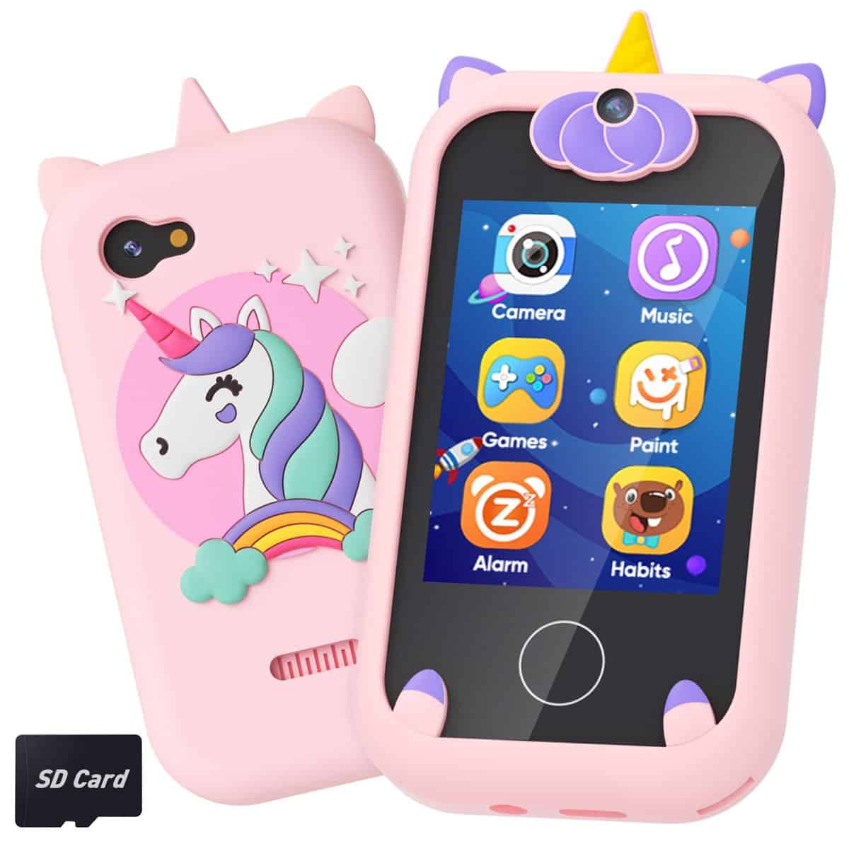 BAISIQI Kids Phone for Girls, Toddler Unicorn Phone Toys for 3 4 5 6 7 8 Year Old Girls, Christmas Birthday Gifts Learning Toys for Kids Age 3-8, Dual Camera Phone with Music Player-Pink