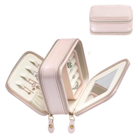 Pink Travel Jewellery Box with Mirror, Perfect Gift for Women and Girls, Organize Rings, Earrings, and Necklaces.