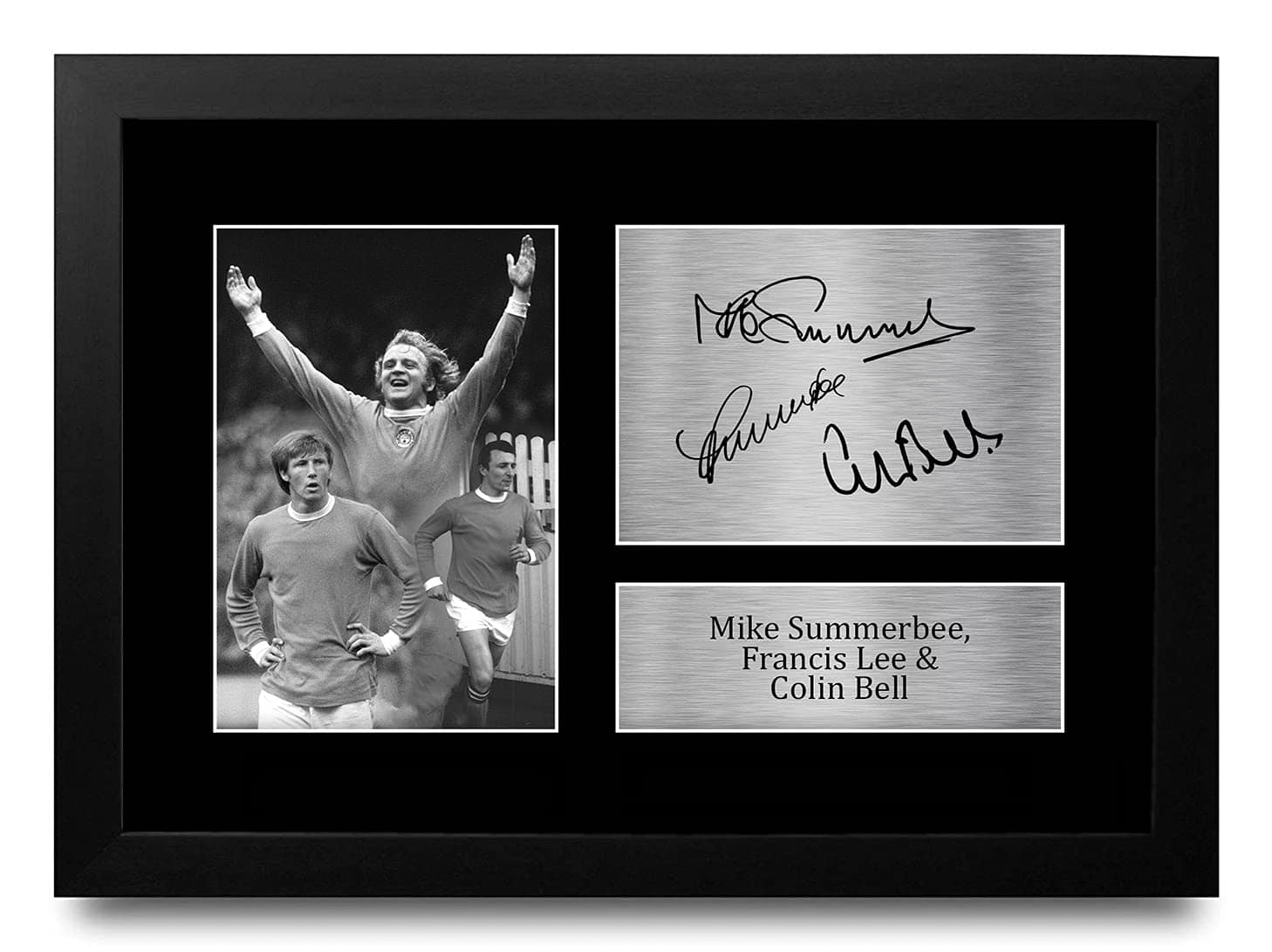 HWC Trading FR A4 Mike Summerbee, Francis Lee & Colin Bell Manchester City Man City Gifts Printed Signed Autograph Picture for Football Fans and Supporters - A4 Framed