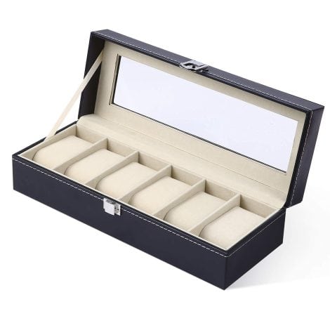 Ohuhu Watch Box: A stylish 6-slot watch holder with glass lid, PU leather case for men and women. Perfect Valentine’s Day or birthday gift. Available in beige.