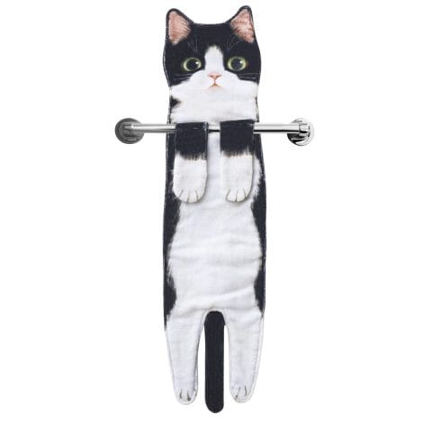 Black and white cat-themed absorbent hand towels perfect for cat lovers to decorate their bathroom or kitchen.