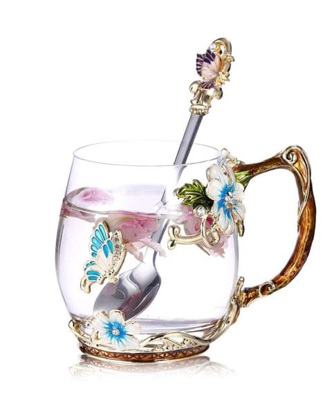 Handcrafted Butterfly Flower Glass Coffee Mugs with Spoon – Ideal Birthday Gift for Mum or Friends.