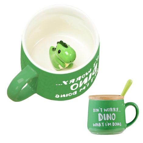 “Charming Dino-themed Mug Set, complete with Lid, Spoon, and Fun Designs – Perfect Presents for Her!”