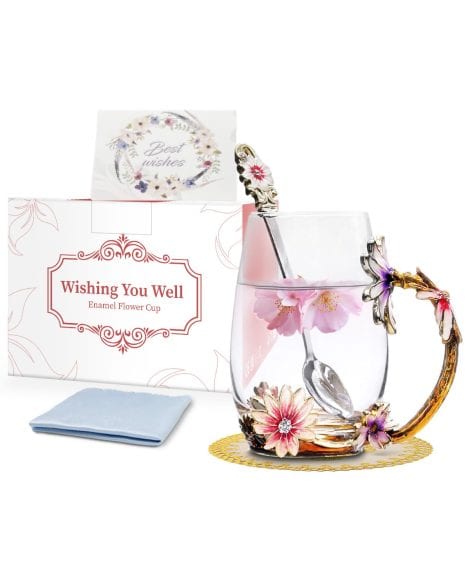 Floral Tea Cup Set with Butterfly Mug, Spoon, and Greeting Card; a perfect gift for women. (350ml Pink Daisy)