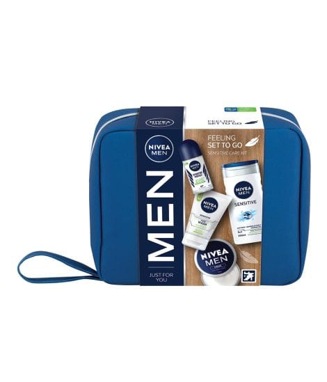 NIVEA MEN Sensitive Care Gift Set, includes face wash, shower gel, deodorant, moisturizer; perfect for men’s skincare.