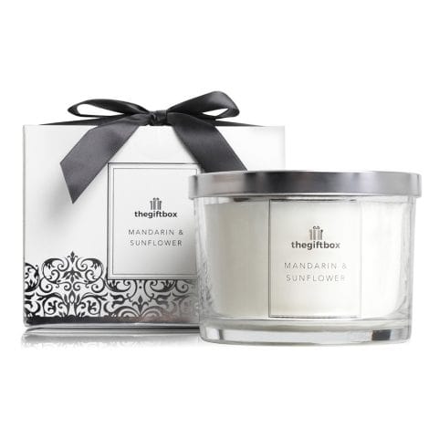 Mandarin and Sunflower scented candle set with a shiny lid, gift box ribbon. Ideal gift for women.