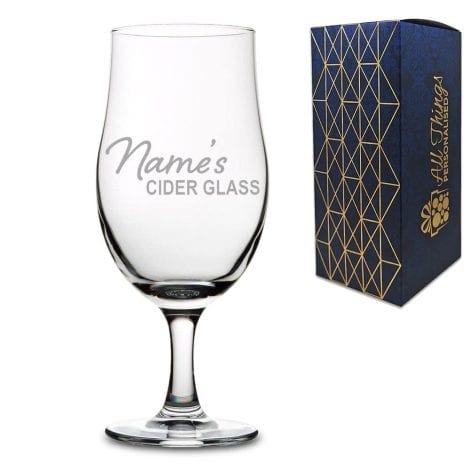 Customized engraved pint glass with personalized name and “Name’s Cider” design, beautifully packaged, ideal for gifting.