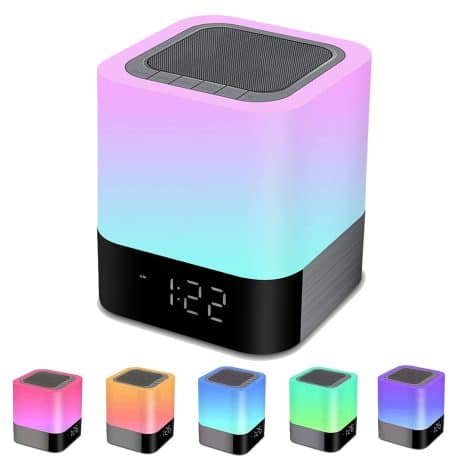 A stylish and functional bedside lamp with alarm clock, Bluetooth speaker, and color-changing night light. Perfect gifts for teens, women, and kids. Ideal for birthdays and Christmas!