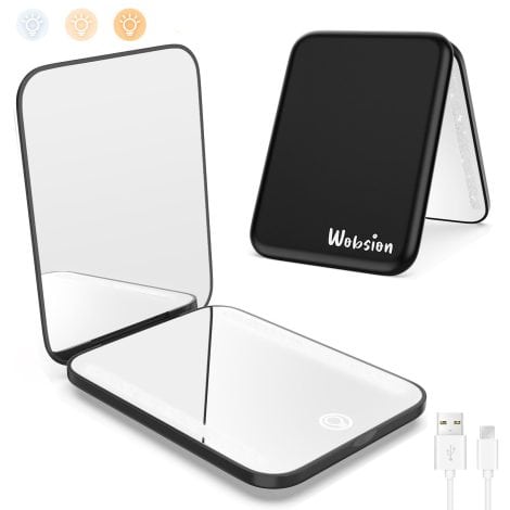 Black Wobsion Compact Mirror, a rechargeable makeup mirror with LED light and magnification, perfect for on-the-go. Great gift for girls!