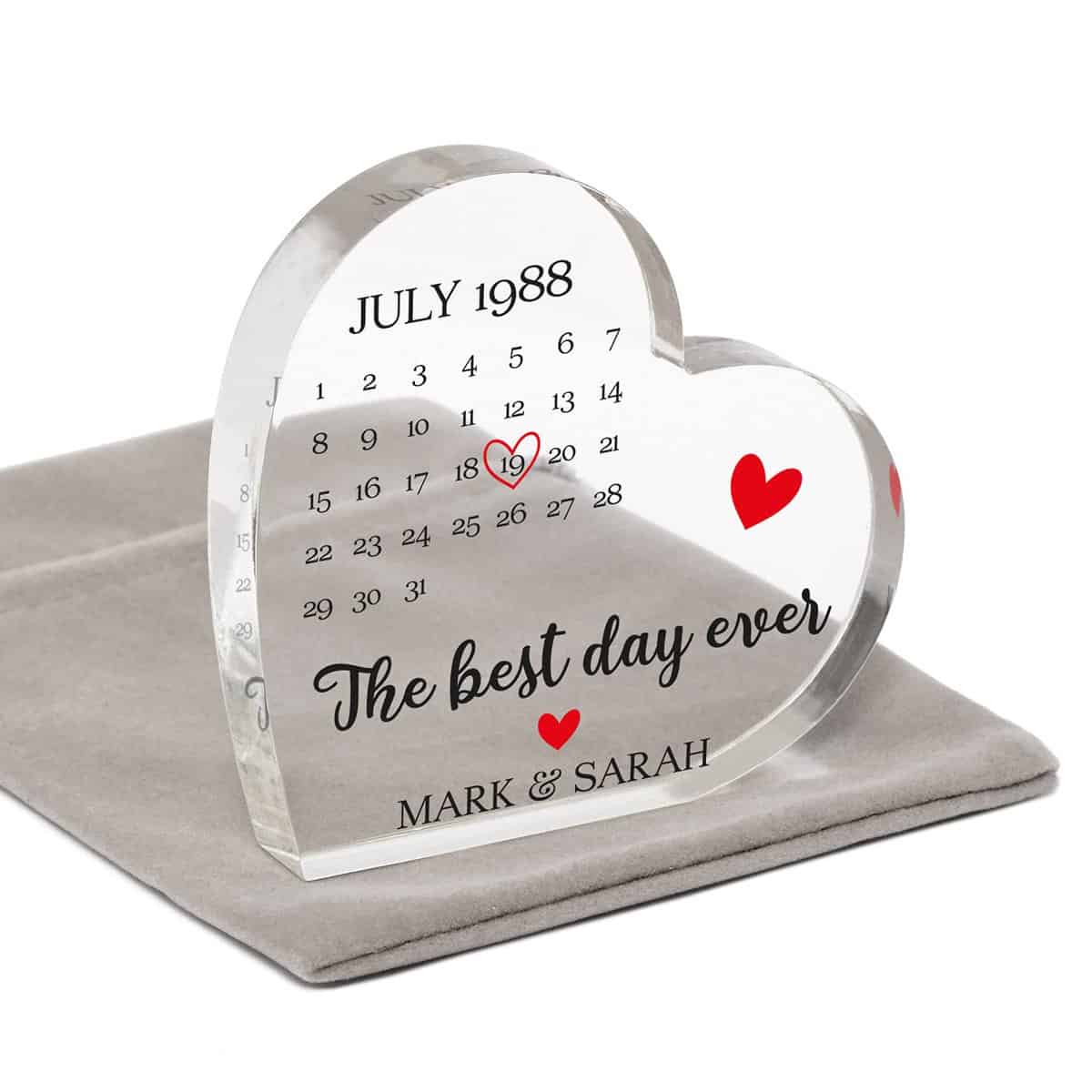 Engagement Wedding Anniversary Date Gifts, Personalised Special Date Gifts, First 1st Anniversary Husband Wife, One Year Together Boyfriend, Valentines Gifts, Acrylic Heart Block With Grey Bag