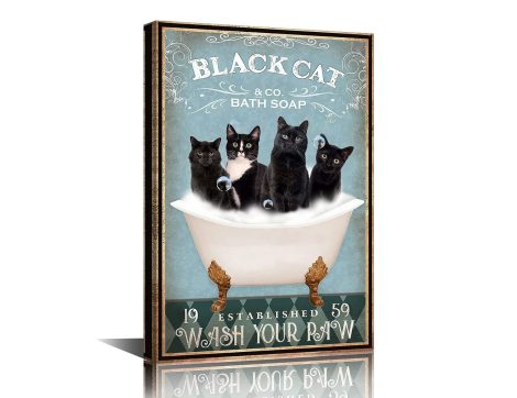 Humorous Bathroom Wall Art featuring a Vintage Black Cat in a Retro Bathtub – 18″Wx12″H, Ready to Hang.