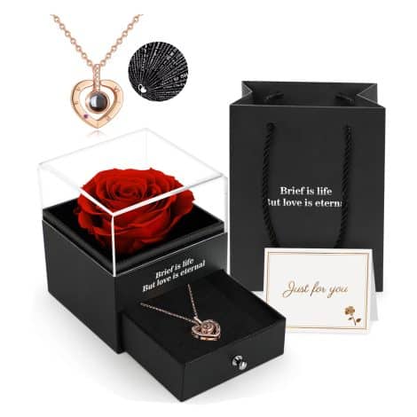 “Everlasting Love Rose Gift Set: Handcrafted Real Rose in a charming box with ‘I Love You’ necklace. Perfect for special occasions.”