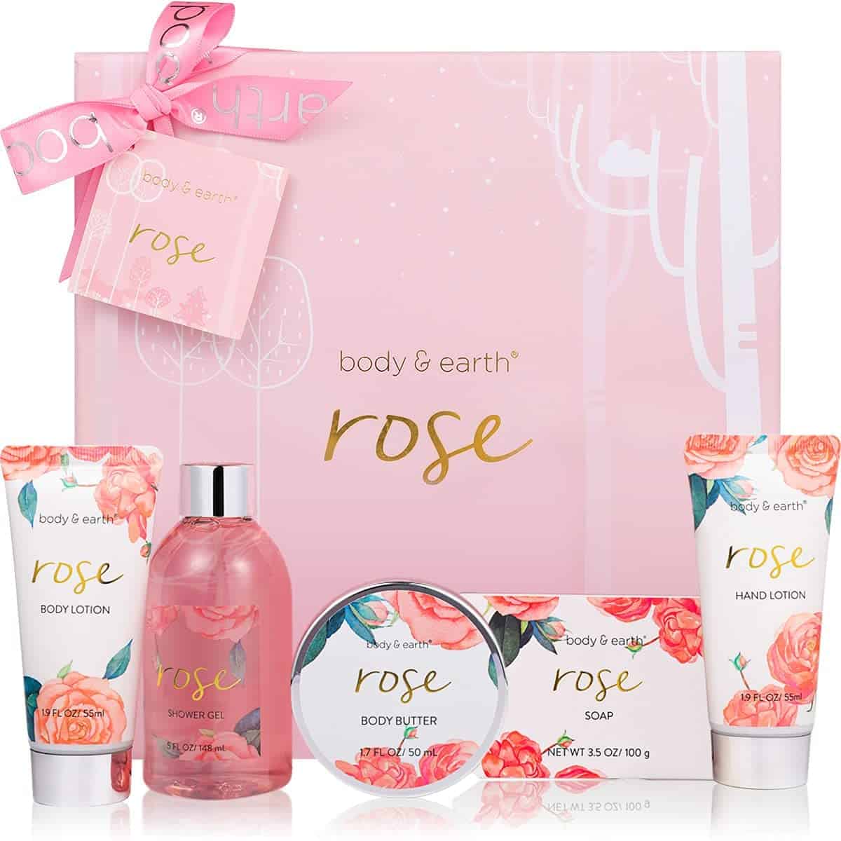 BODY & EARTH Bath Spa Women Gift Set, 5 Pcs Rose Gift Sets Box for Women Pamper Gifts for Women with Soap, Shower Gel, Body Butter, Body Lotion, Gifts for Women, Birthday Gifts, Christmas Gifts