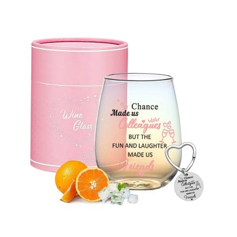 Personalized Stemless Wine Glass: “Work BFFs” – a perfect leaving or retirement gift for your amazing female coworker.