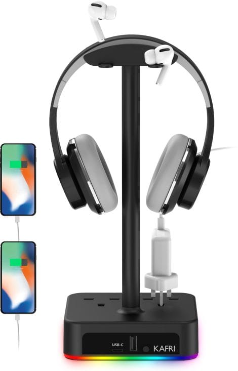 “The KAFRI RGB Headphone Stand – Keep your gaming setup organized with built-in USB charging ports.”