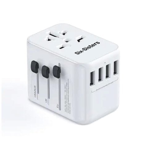 Universal Travel Plug with USB and AC sockets, perfect for worldwide use, compatible with US, AU, UK, and EU.