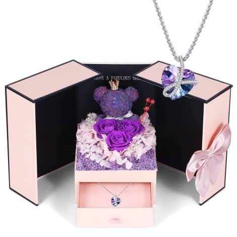 Purple Rose Moss Bear with Purple Heart Crystal Necklace, the perfect gift for women to celebrate special occasions.