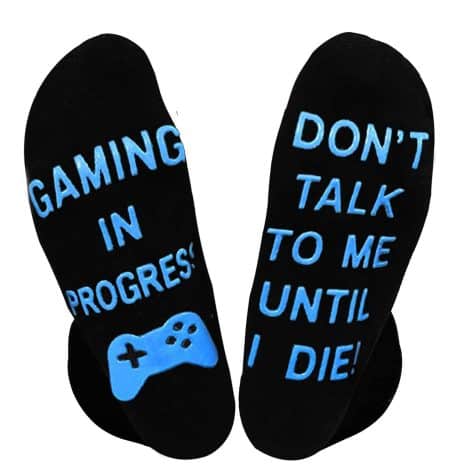 “Gaming In Progress Socks – Uniquely amusing, perfect gamer presents for males, females, kids, and gamers.”