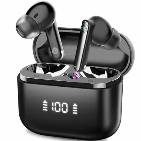 Black Aptkdoe Wireless Earbuds, Advanced Bluetooth Headphones with Noise Cancelling Mic, Long-lasting Battery, and Touch Control.