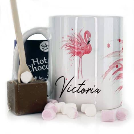 Personalized Flamingo Mug Set: Includes a name-customized 11oz white mug with a Pink Flamingo motif, and Belgian chocolate/hot chocolate stirrer marshmallow gift.