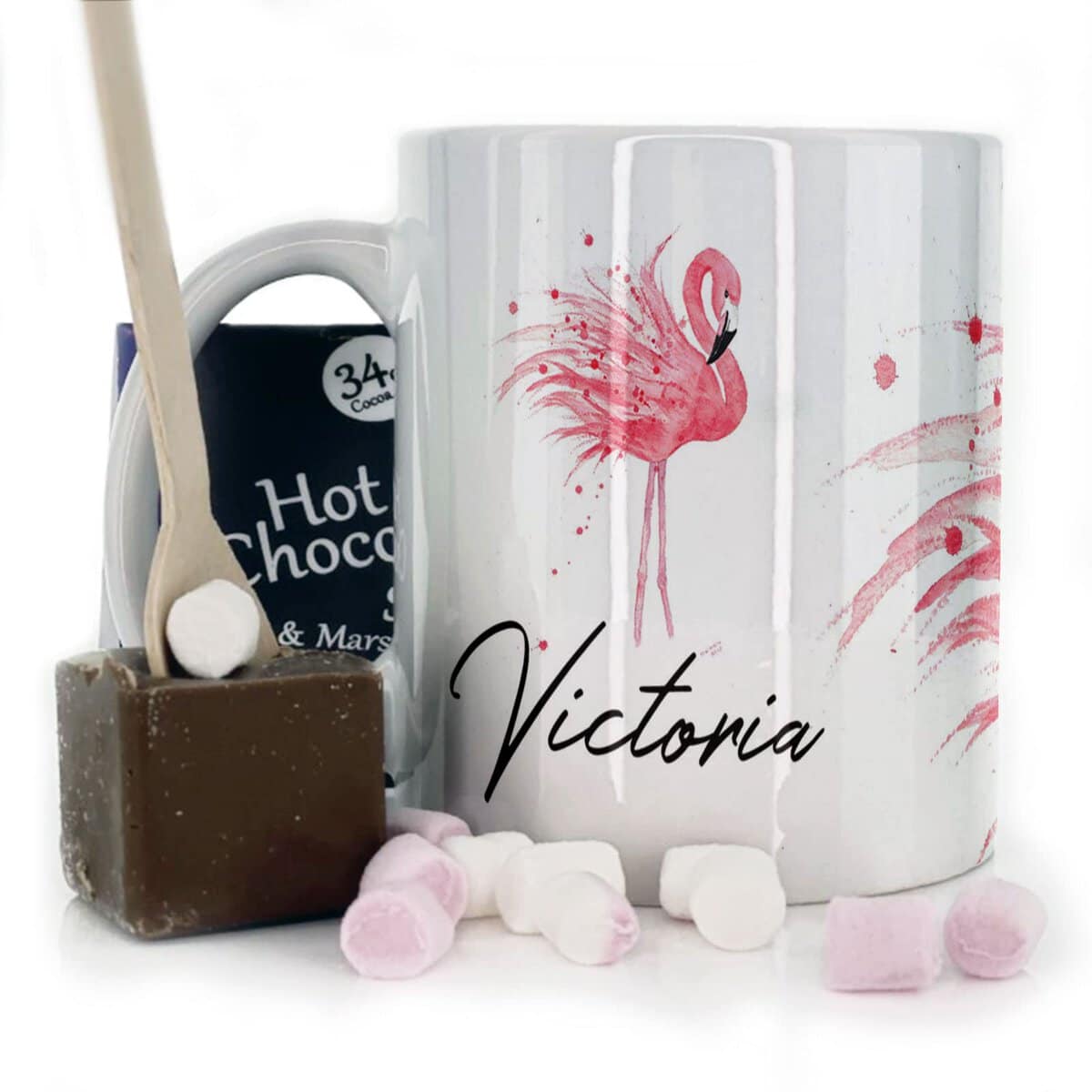 Hairyworm Personalised Mug and Belgium Milk Chocolate/Hot Chocolate Stirrer Marshmallow Gift Set, Custom Name (11oz) White Mug with Pink Flamingo Design, Flamingo Mug