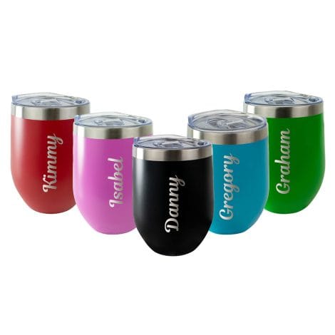 Customized stainless steel wine glasses with lid, perfect gift for Dad or Mum’s birthday, available in pink.