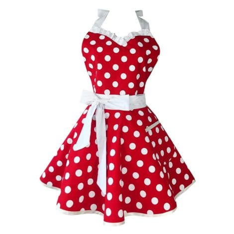 Golden Apple Gorgeous Sweetheart Red Vintage Kitchen Aprons for Women & Girls. Made of Cotton with Polka Dots. Perfect for Cooking or Salon.