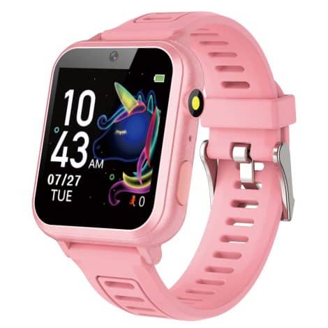 Smartwatch for girls aged 6-12, perfect birthday present with learning games and reminders, in pink.