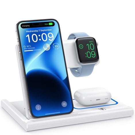 Foldable wireless charging dock for iPhone 15, 14, 13, 12, 11 Pro & Max, AirPods Pro/3/2, and Apple Watch (adapter not included).