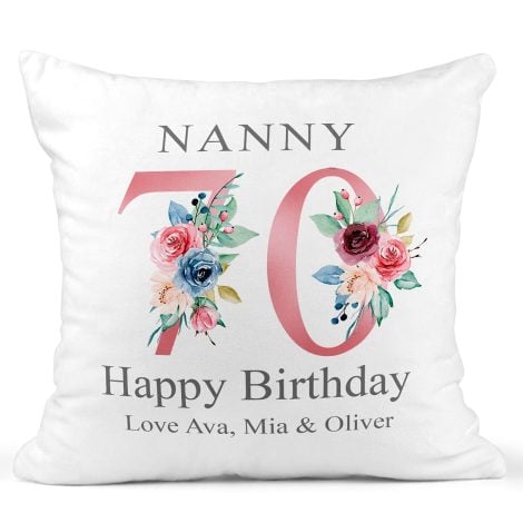 “Customized Floral Cushion for Mum’s/Grandma’s 70th Birthday – Engraved with Kids’ Names, 1951 Edition.”