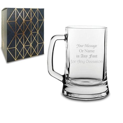 Customizable 14oz Glass Tankard, Engraved with Personal Message, Comes in a Gift Box. Personalise it!