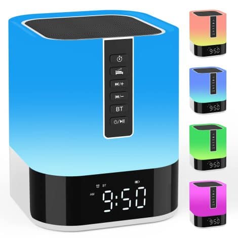 Multi-functional bedside lamp with alarm clock, speaker, night light, and sound machine. Perfect for teenagers’ bedrooms.