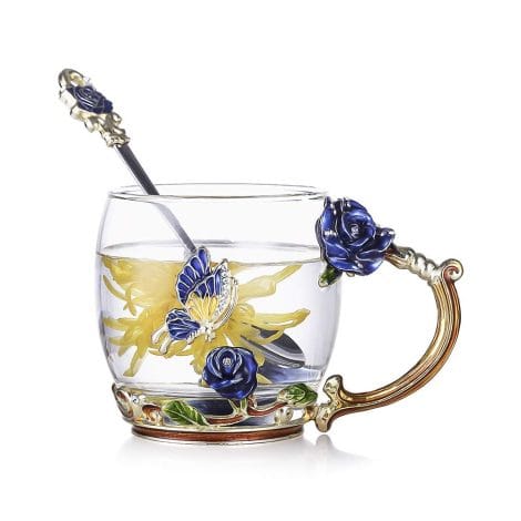 “Enamels Butterfly Flower Tea Cup/Coffee Mug with Spoon Set: Perfect Gifts for British Women, Friends, and Family!”